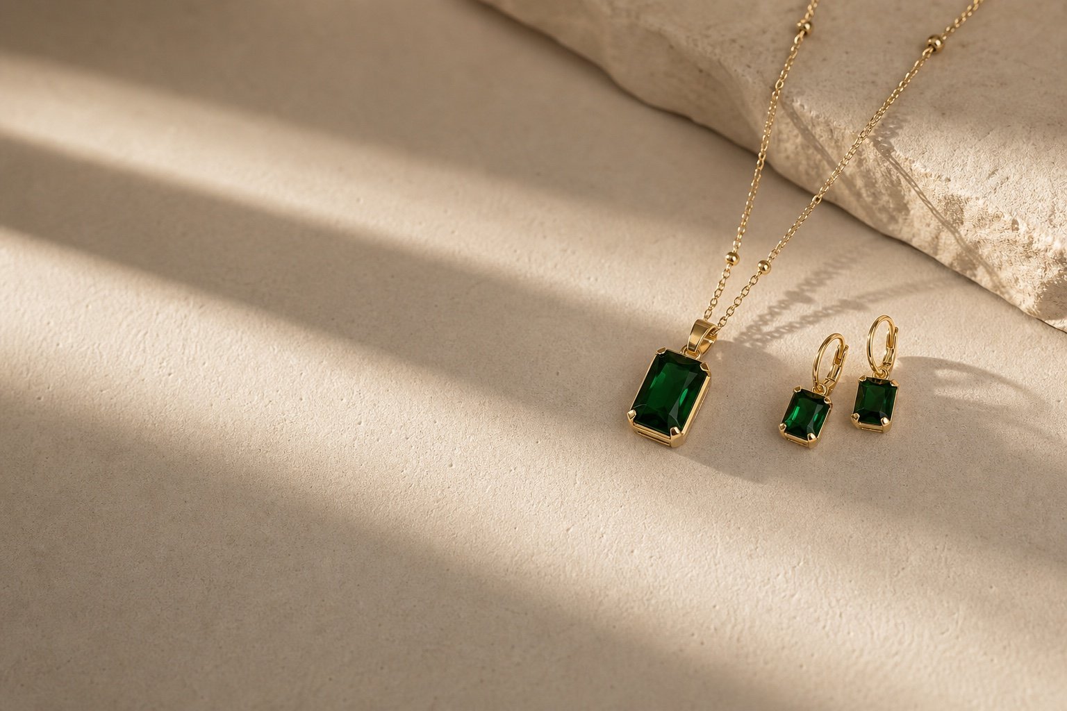 YARA emerald pendant and earrings on stone