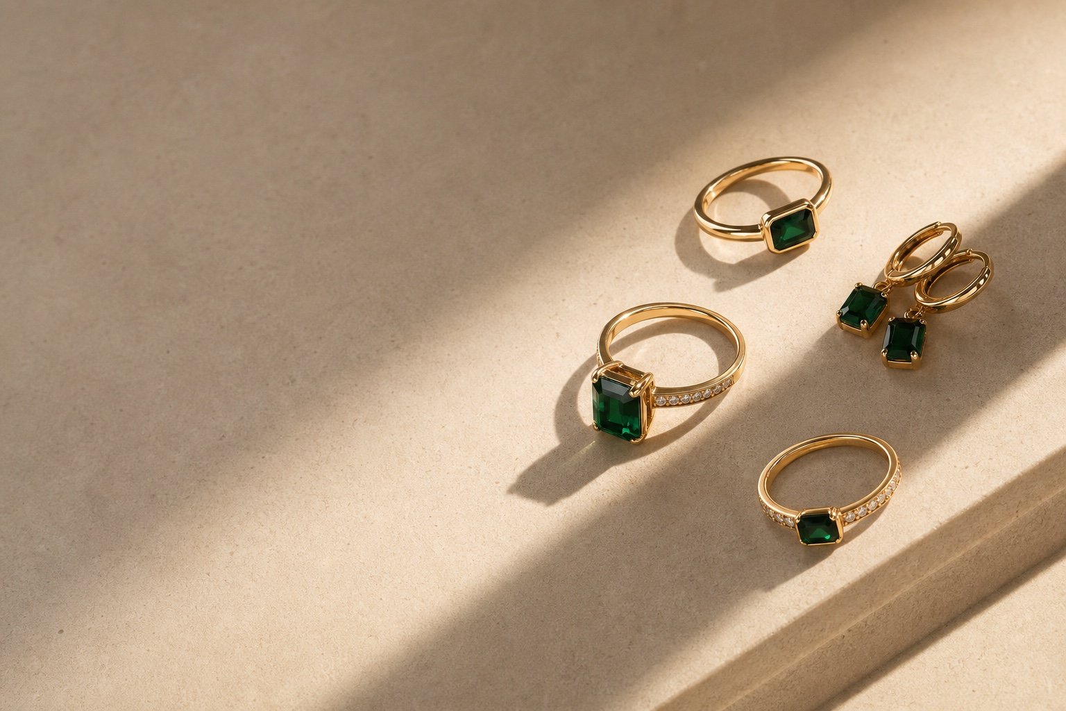 YARA emerald rings and earrings in sunlight